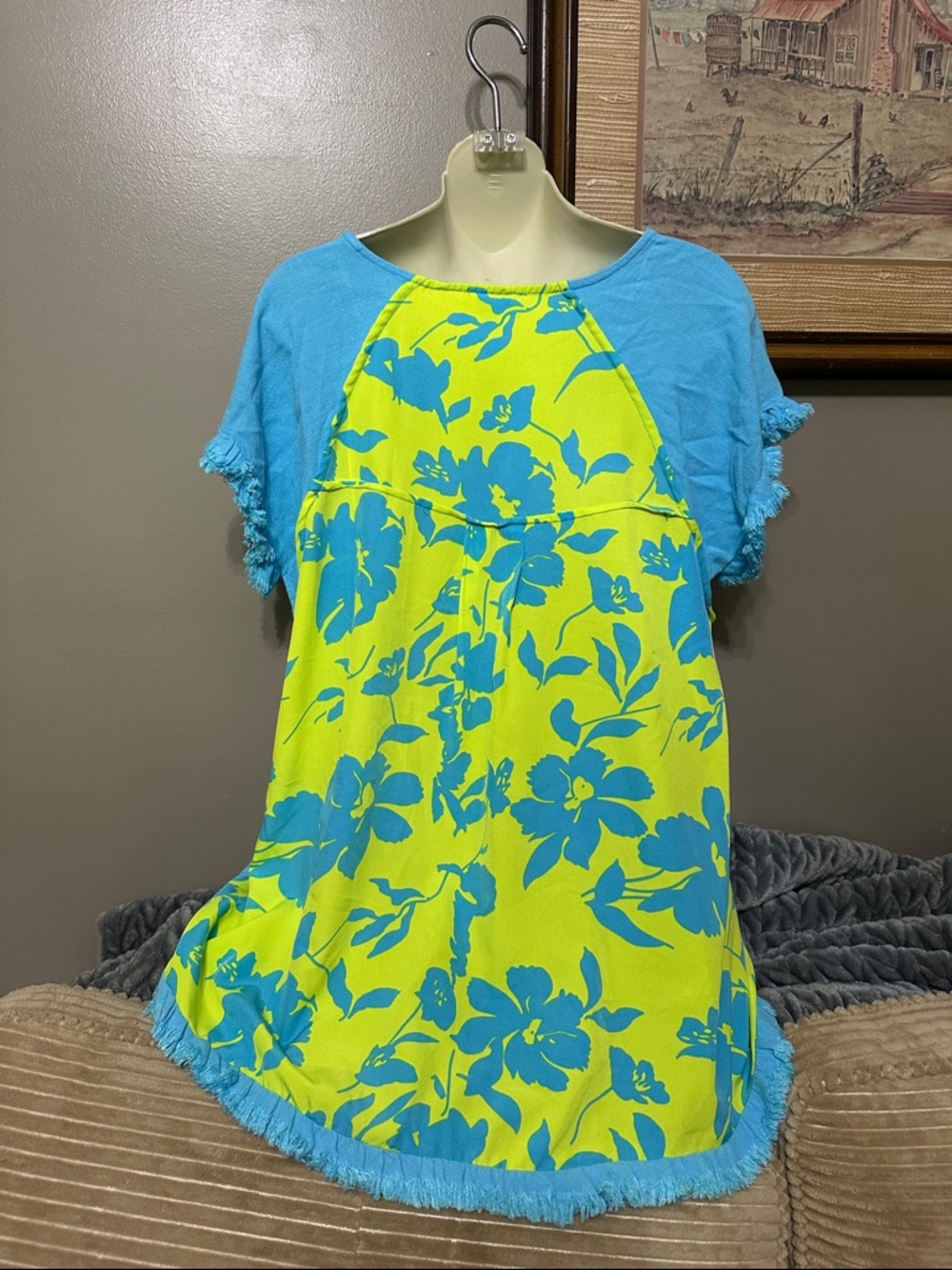 Umgee Turquoise Fringe Tunic with Yellow-Green Side Panels linen blend Medium - Picture 2 of 5
